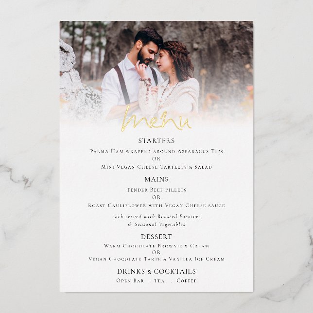 Elegant Script Photo Wedding Real Foil Menu Card (Front)