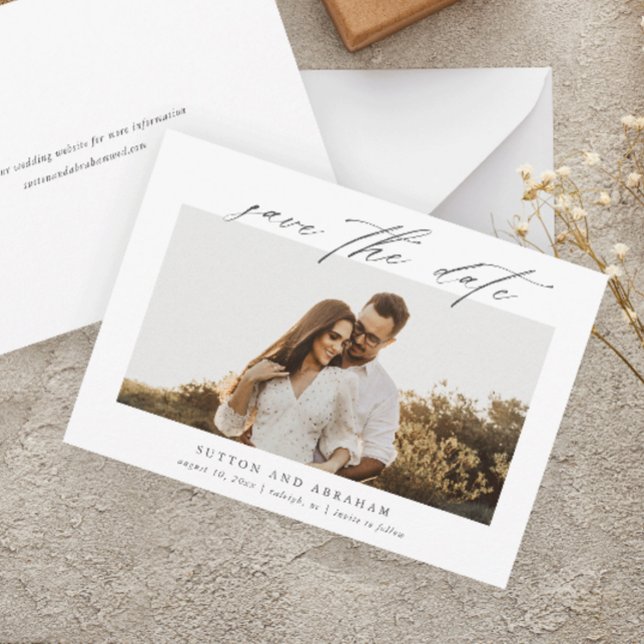 Elegant Script Photo Wedding  Save The Date (Elegant script calligraphy photo wedding save the date announcement cards.)