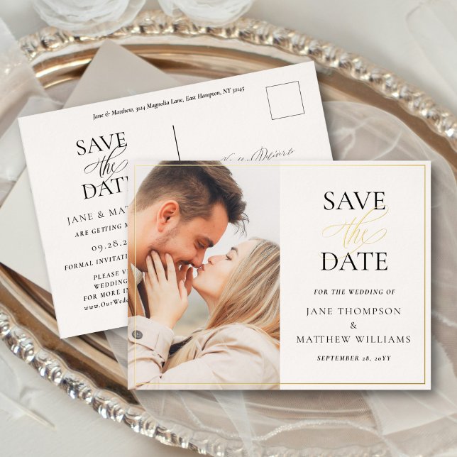 Elegant Script & Photo Wedding Save the Date Gold Foil Invitation Postcard (This save the date postcard with real gold foil is elegant yet affordable)
