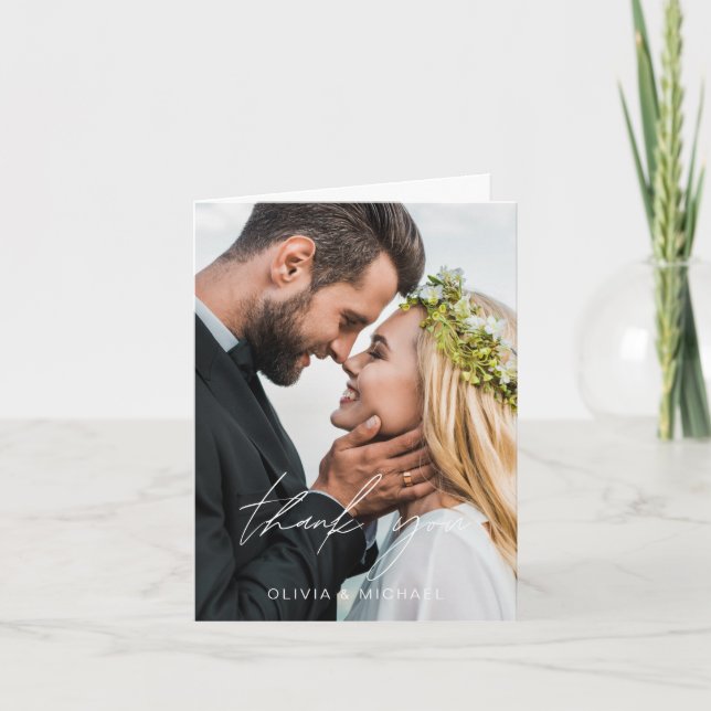 Elegant Script Photo Wedding Thank You Card (Front)