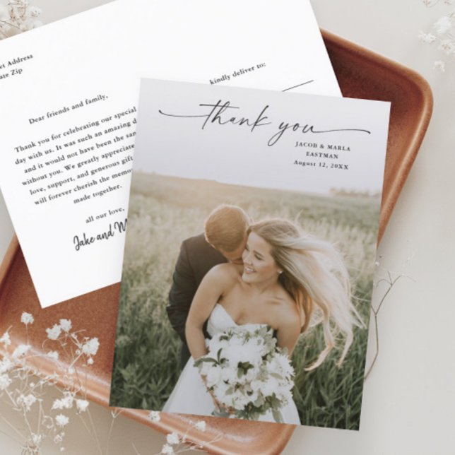 Elegant Script Photo Wedding Thank You Postcard (Elegant Script Photo Wedding Thank You Postcard with modern handwritten script typographic overlay.)