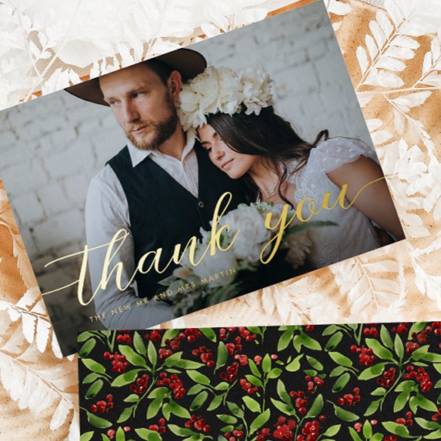 Elegant Script Photo Winter Wedding Thank You Foil Holiday Card (Creator Uploaded)
