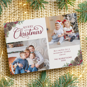 Elegant Script Pine Cones 2 Photo Christmas Holiday Card