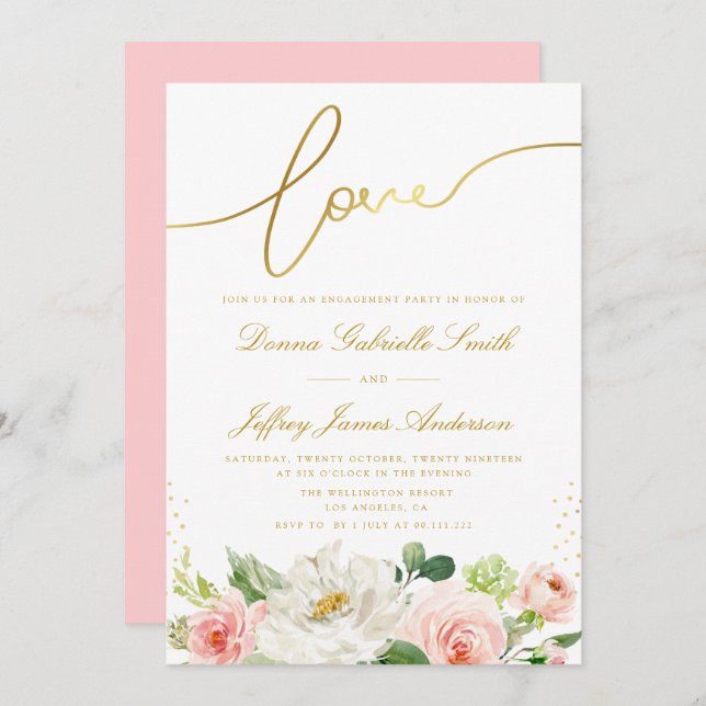 Elegant script pink blush floral engagement party invitation (Front/Back)