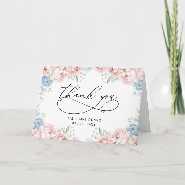 Elegant Script Pink Blush Floral Wedding  Thank You Card (Front)