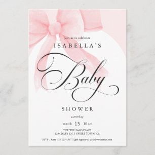 Elegant Script Pink Bow Baby Shower Invitation
