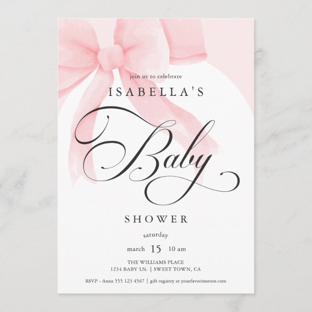 Elegant Script Pink Bow Baby Shower Invitation (Front)