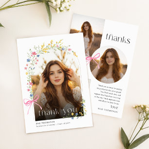 Elegant Script Pink Bow Floral Photo Graduation Thank You Card