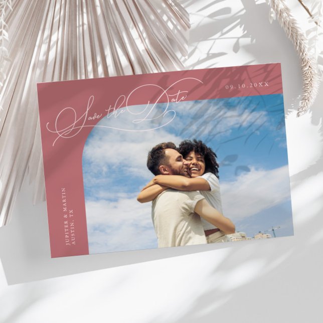 Elegant Script Pink Curved Frame Photo Save The Date (Creator Uploaded)