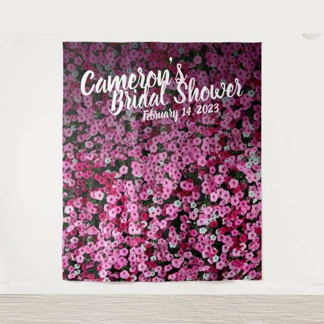 Elegant Script Pink Floral Bridal Shower Backdrop Tapestry (Front)