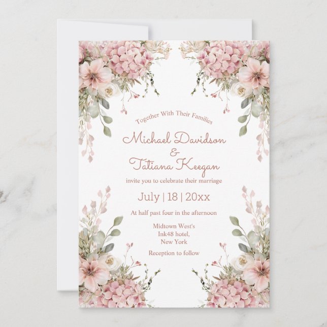 elegant script pink floral garden modern wedding invitation (Front)
