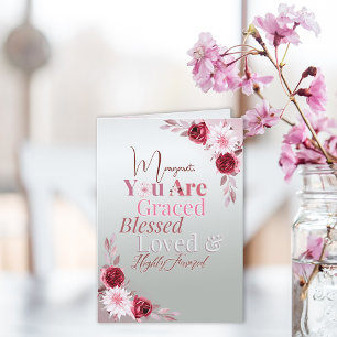 Elegant Script Pink Floral Graced Blessed Loved Note Card
