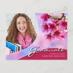Elegant Script Pink Flowers   Modern Photo Grad Postcard