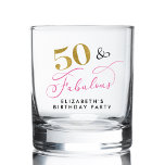 Elegant Script Pink Gold 50th Birthday Party Whiskey Glass<br><div class="desc">Fun and chic whiskey glass for your 50th birthday party featuring "50 & Fabulous" in a stylish gold,  pink and black script and your name in simple modern typography.</div>