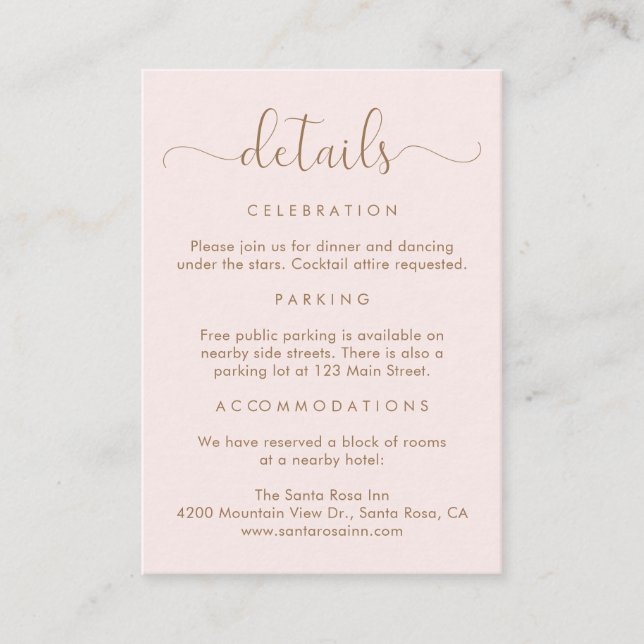 Elegant Script Pink Gold Wedding Details Enclosure Card (Front)