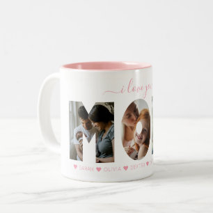 Elegant Script Pink I love you MOM Photo Collage Two-Tone Coffee Mug