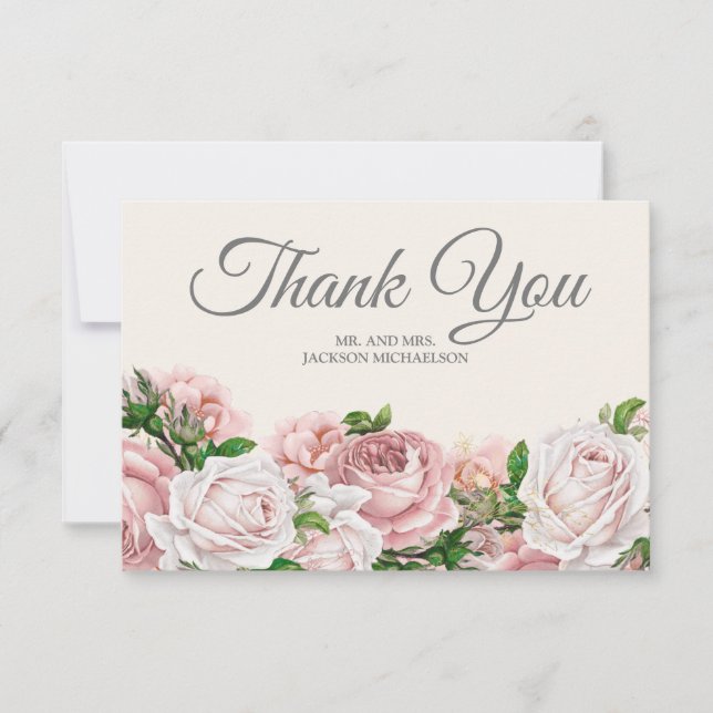 Elegant Script Pink Roses Cream Wedding Thank You (Front)