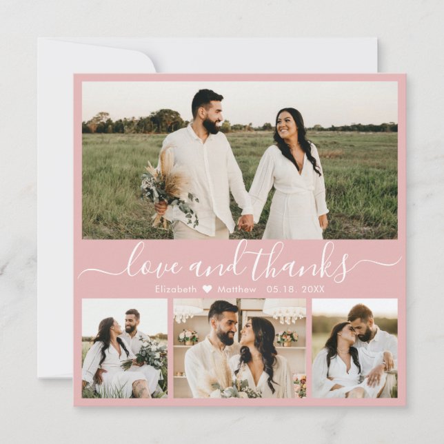 Elegant Script Pink White 4 Photo Collage Wedding Thank You Card (Front)