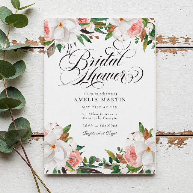 Elegant Script Pink White Floral Bridal Shower Invitation (Creator Uploaded)