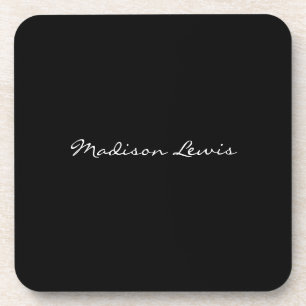 Elegant Script Plain Black Name Calligraphy Coaster