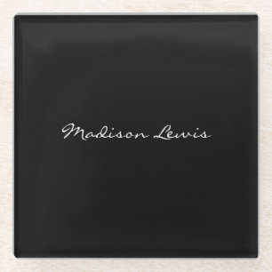 Elegant Script Plain Black Name Calligraphy Glass Coaster
