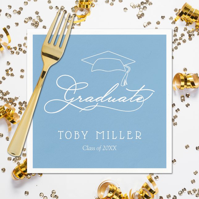 Elegant Script Powder Blue Graduation Napkins (White script grad cap on powder blue personalized graduation napkins, paper plates in our store)