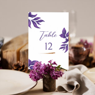 Elegant Script Purple and Gold Wedding Table Number
