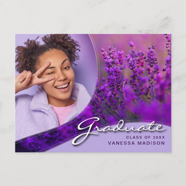Elegant Script Purple Flowers | Modern Photo Grad Postcard (Front)