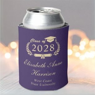 Elegant Script Purple Gold Graduation Can Cooler