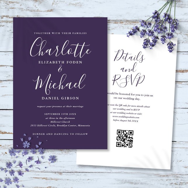 Elegant Script Purple Modern QR Code Wedding Invitation (Elegant Script Purple Modern QR Code Wedding Invitation)