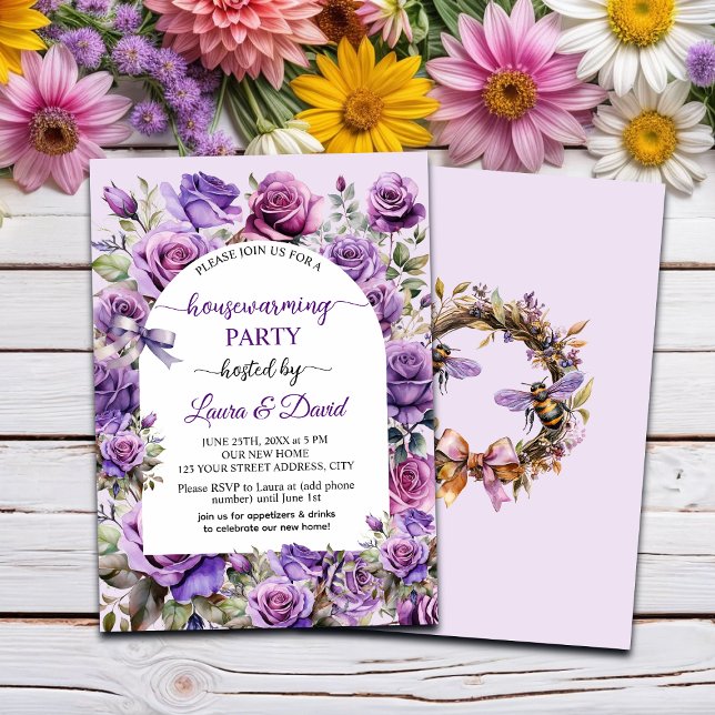 Elegant Script Purple Roses Housewarming Party Invitation (Creator Uploaded)