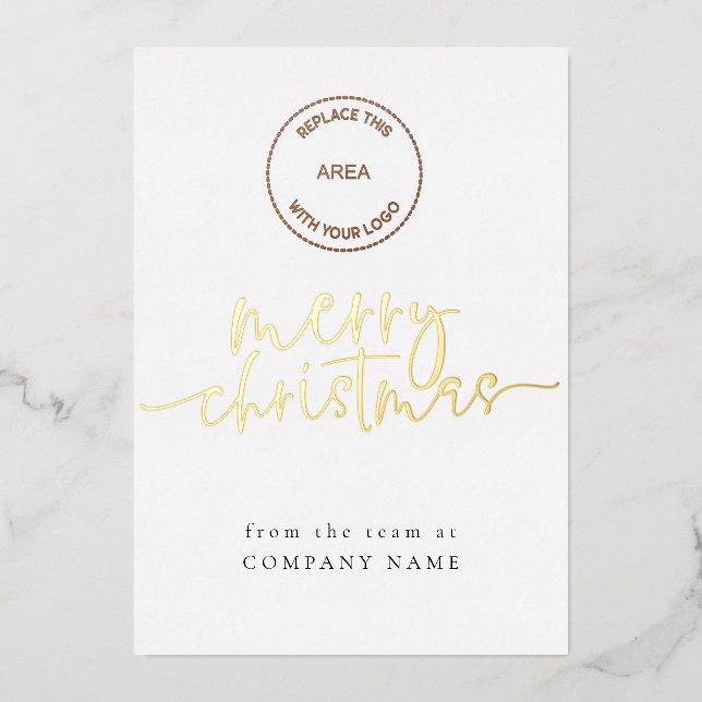 Elegant Script QR code Logo Merry Christmas Foil Holiday Card (Front)