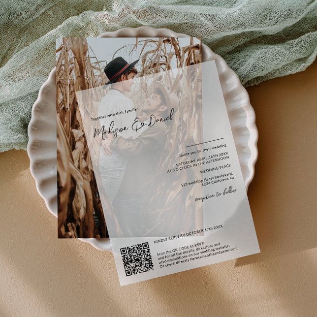Elegant Script QR Code Modern Chic Wedding Vellum Invitations (Elegant Script QR Code Modern Chic Wedding Vellum Invitations)