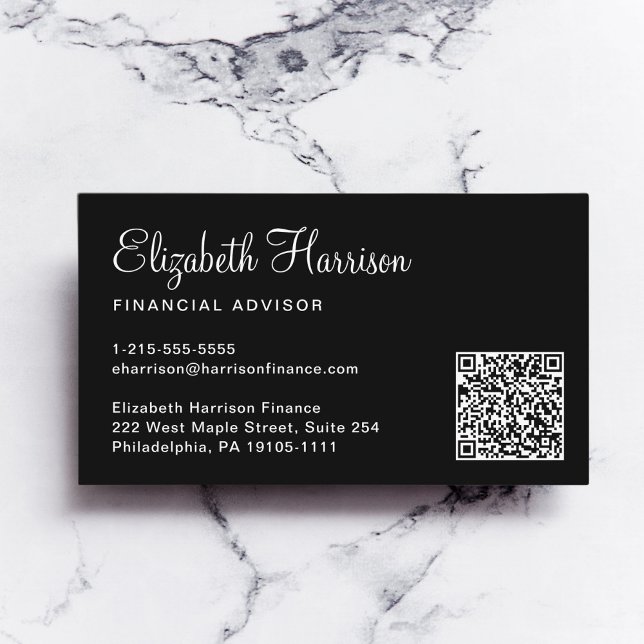 Elegant Script QR Code Professional Black Business Card (Creator Uploaded)