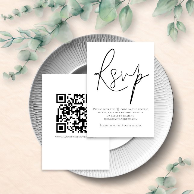 Elegant Script QR Code Wedding Black White RSVP Card (front and back view)