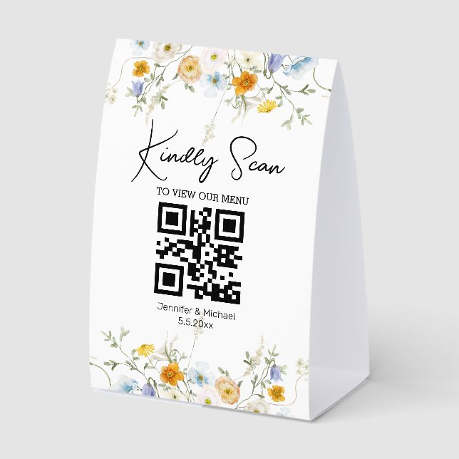 Elegant Script QR Code Wedding Menu floral  (Front)