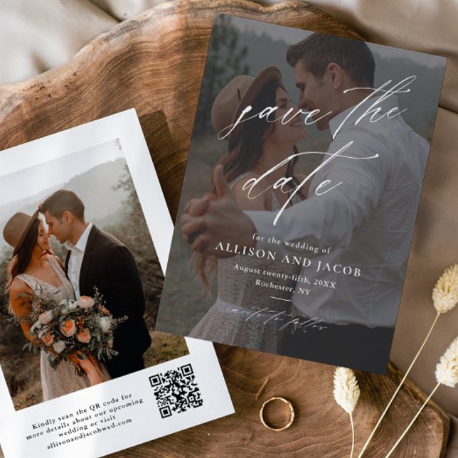  Elegant Script QR code Wedding Photo  Save The Date (Elegant handwritten script 2 photo wedding QR code save the date cards.)