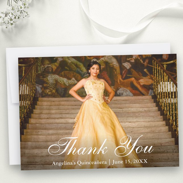 Elegant Script Quinceañera Photo Thank You Card (Customize to add text to back of card.)