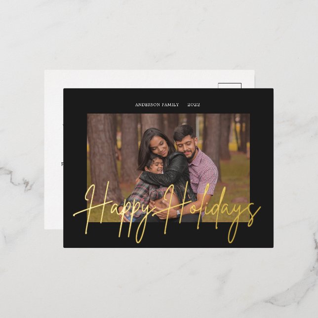 Elegant Script Real Foil Holiday Photo Postcard (Front/Back)