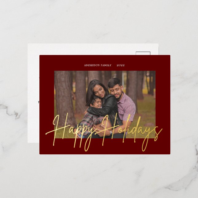 Elegant Script Real Foil Holiday Photo Postcard (Front/Back)