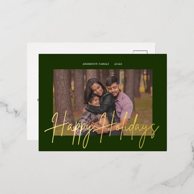 Elegant Script Real Foil Holiday Photo Postcard (Front/Back)