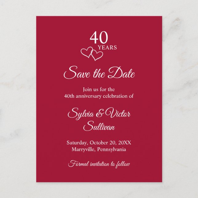 Elegant Script Red 40th Wedding Anniversary Announcement Postcard (Front)