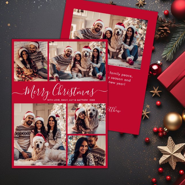 Elegant Script Red 5 Photo Collage Christmas  Holiday Card (Creator Uploaded)
