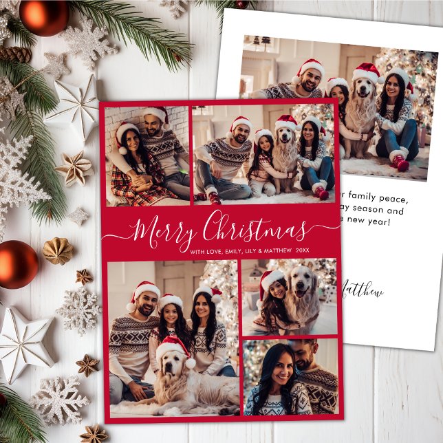 Elegant Script Red 5 Photo Collage Christmas  Holiday Card (Creator Uploaded)
