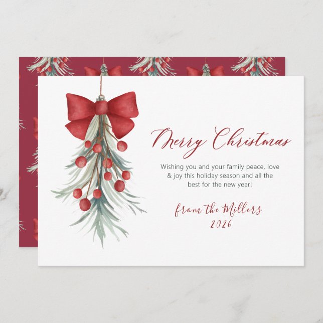 Elegant Script Red Berries Greenery Christmas  Holiday Card (Front/Back)