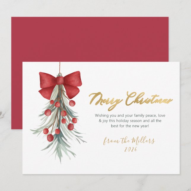 Elegant Script Red Berries Greenery Christmas  Holiday Card (Front/Back)
