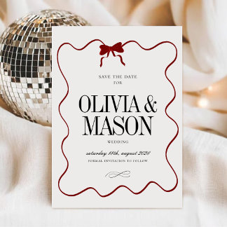 Elegant Script | Red Bow Burgundy Ivory Wedding Save The Date