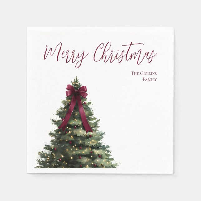 Elegant Script Red Bow Watercolor Christmas Tree Napkin (Front)