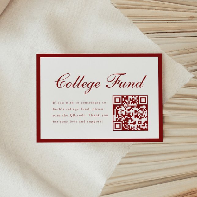 Elegant Script Red College Fund QR Code Graduation Enclosure Card (Creator Uploaded)