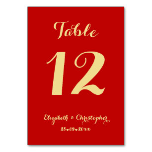 Elegant Script Red Faux Gold Wedding Bridal Shower Table Number